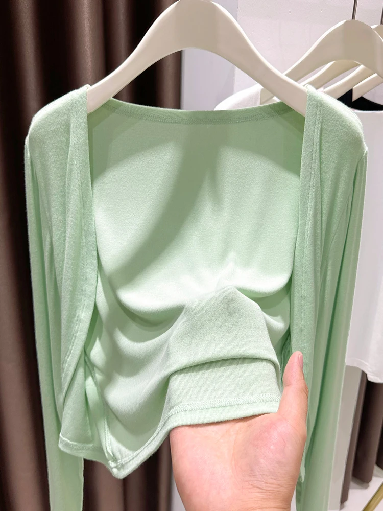 

Women's Summer Thin Ice Silk Knitted Open Cardigan Loose Fit Long Sleeve Short Coat Green Style Casual Commute Style