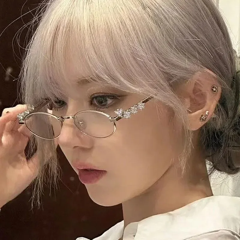 Metal Oval Shades Women Men Rhinestone Diamonds Sunglasses 2025 Unisex Bling Eyeglasses Frames Uv400 Fashion Eyewear Glasses