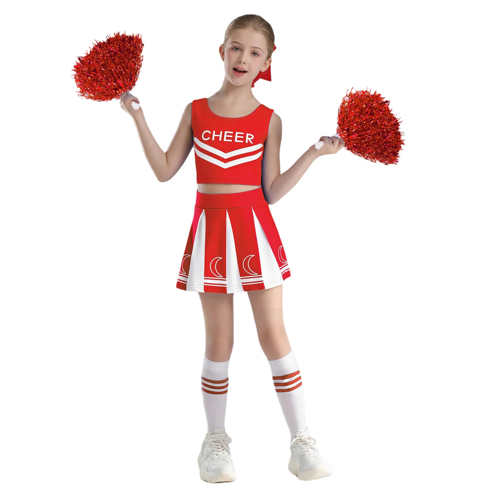 Kids Girls Cheerleading Uniform Dance Outfit Sleeveless Letter Print Crop Top+Pleated Skirt+2Pcs Flower Balls+1 Pair Socks 4Pcs