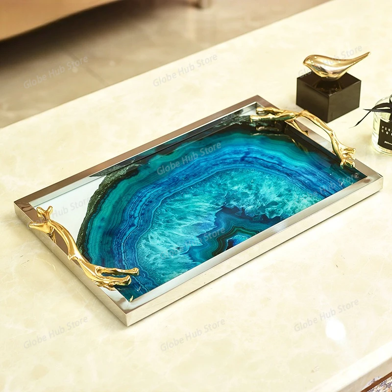 

Nordic Light Luxury Glass New Home Storage Tray, Agate Stone Home Metal Decorative Items Storage Plate Handicrafts