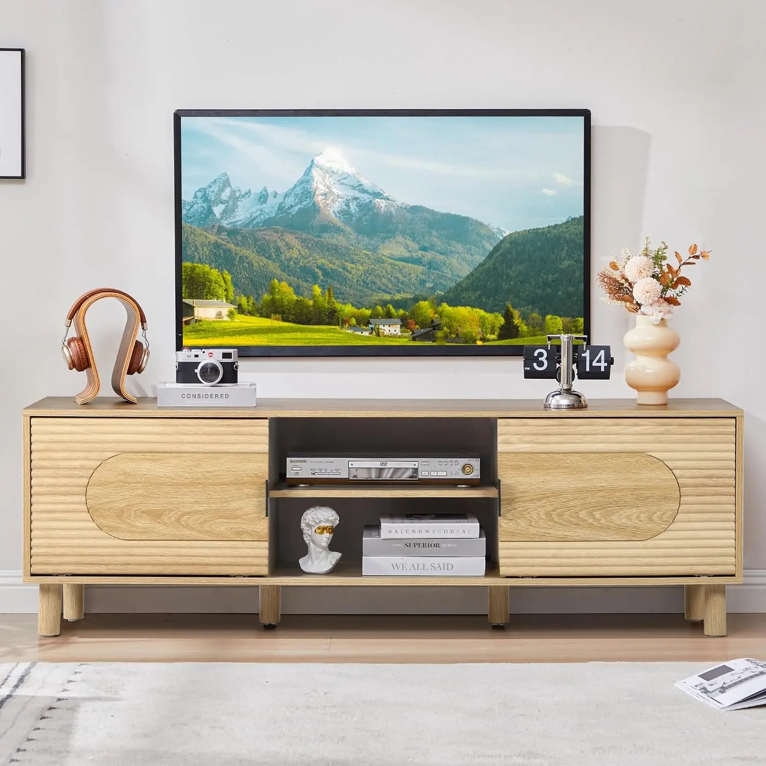 Wave TV Stand for 75 Inch TV, Open Shelf & Sliding Door, Wood Entertainment Console with Cable Management, Natural Oak, Customiz