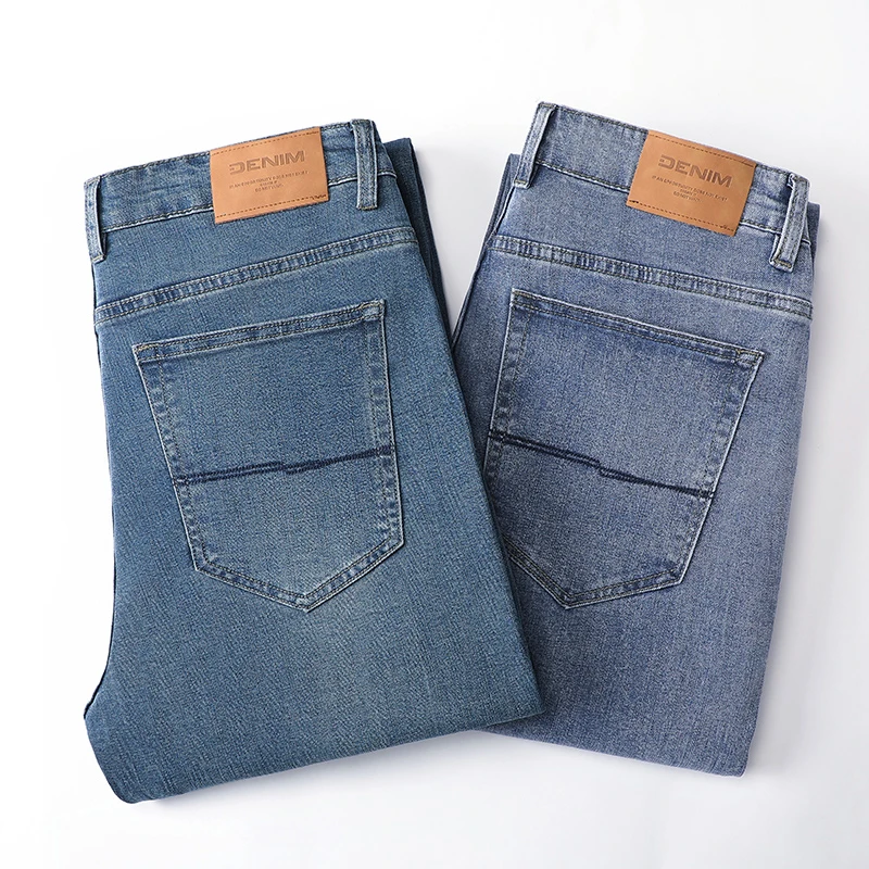 Lyocell Jeans Mens Slim Straight Fit Business Casual Pants Mid-High Waist Vintage Autumn Retro Blue Middle-Aged Men's Long Pants