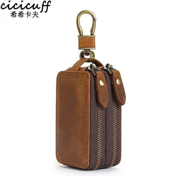 Couro genuíno Car Key Pouch Carteira, Double Zipper, Crazy Horse, Designer Chaveiro Titular, Organizer Case, Capa do saco, Novo
