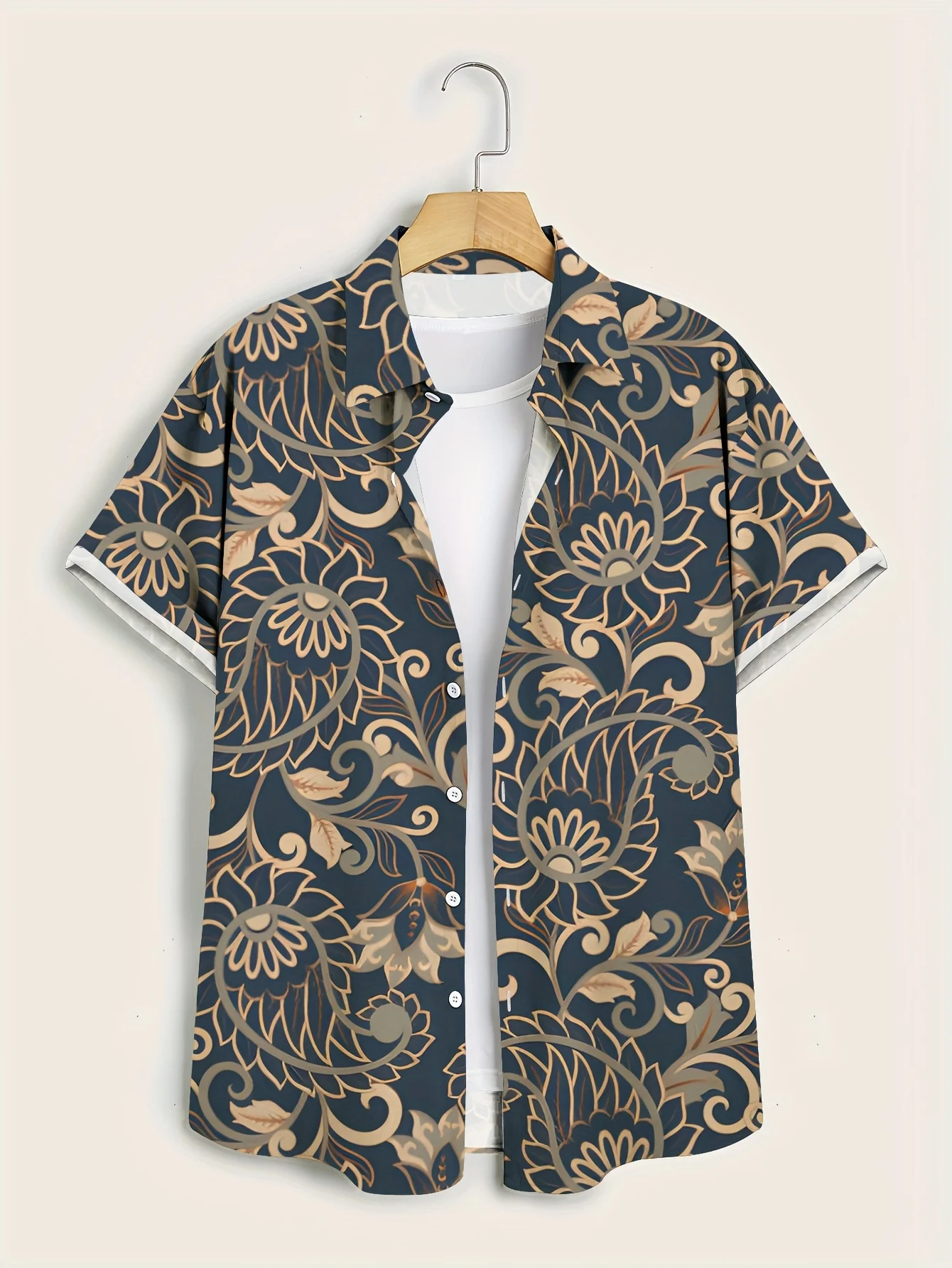 Men Short Sleeve Shirt Dark Blue Base Vintage Paisley Floral Print Turn‑Down Collar Hawaiian Casual Tops