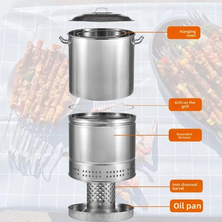 Stainless Steel Hanging Charcoal Grill, Indoor Smokeless Roasting Oven for Chicken, Outdoor Barrel Smoker for Bacon & BBQ