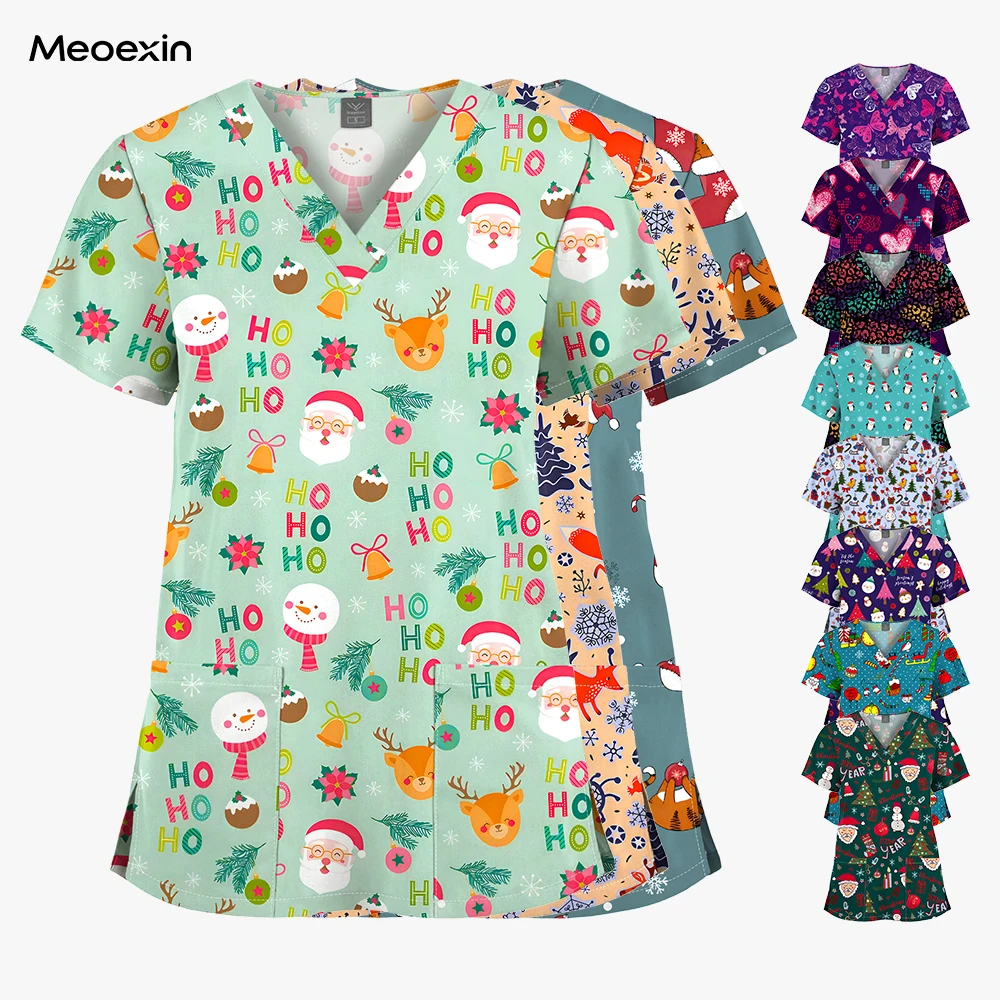 도매 프린트 브이넥 스크럽 빠른 건조 작업복 간호사 소아과 클리닉 약국 스크럽 티셔츠 유니섹스 크리스마스 유니폼
