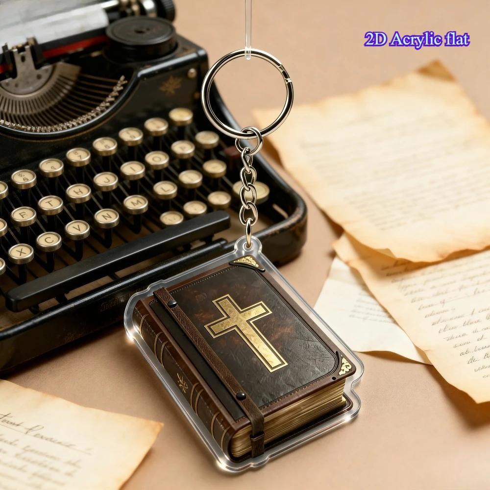 Retro-style 2D acrylic flat keychain with brown cover and gold cross design, a perfect choice for Bible enthusiasts.