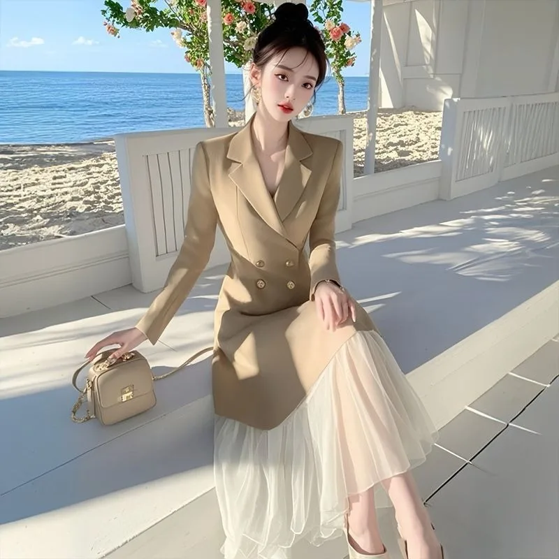 New Luxury Autumn Dress Women Fashion Elegant Office Lady Lapel Long Sleeve Patchwork Small Fragrance Suit Dresses Vestidos