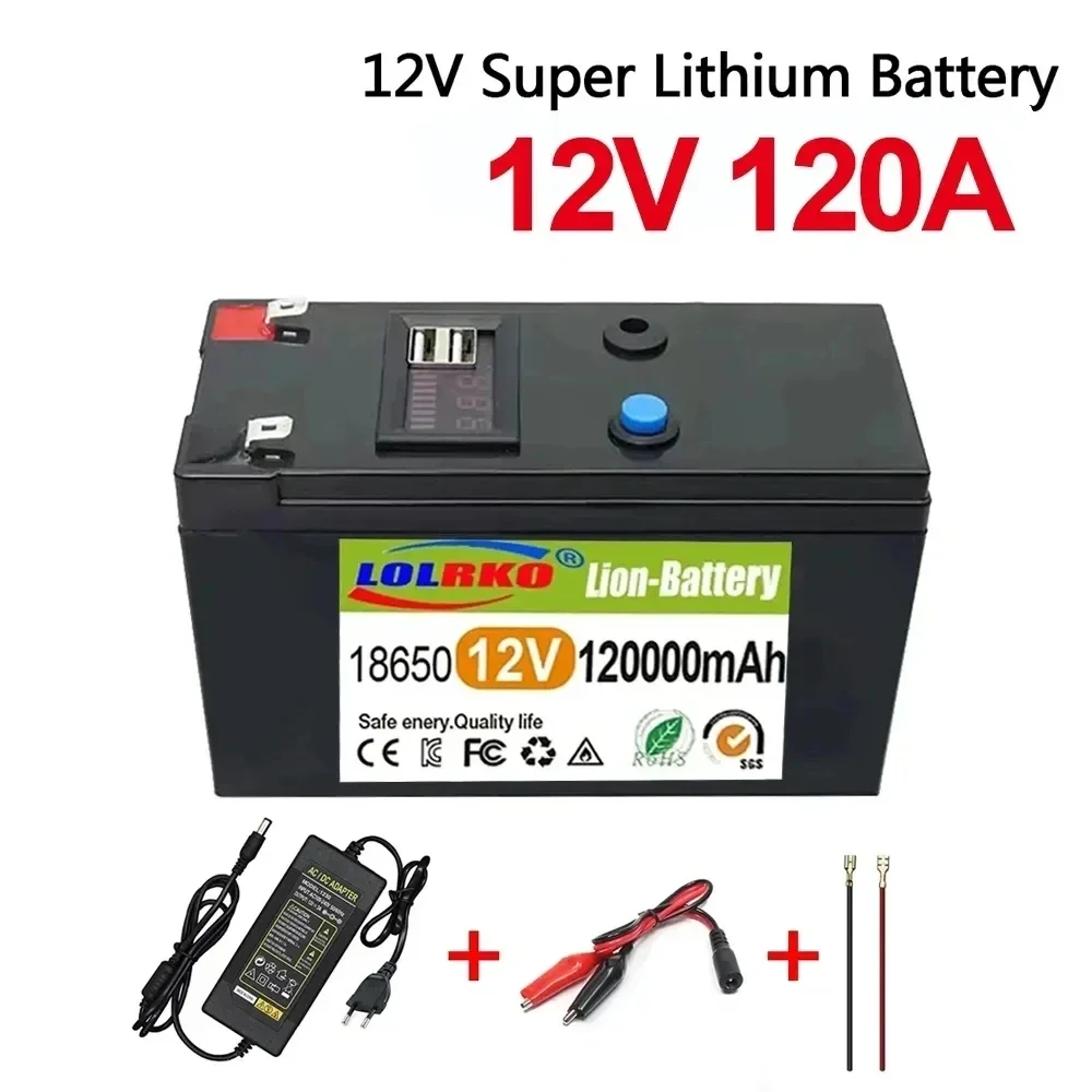 12V Battery 120Ah 18650 lithium battery pack Rechargeable battery for solar energy electric vehicle battery+12.6v3A charger