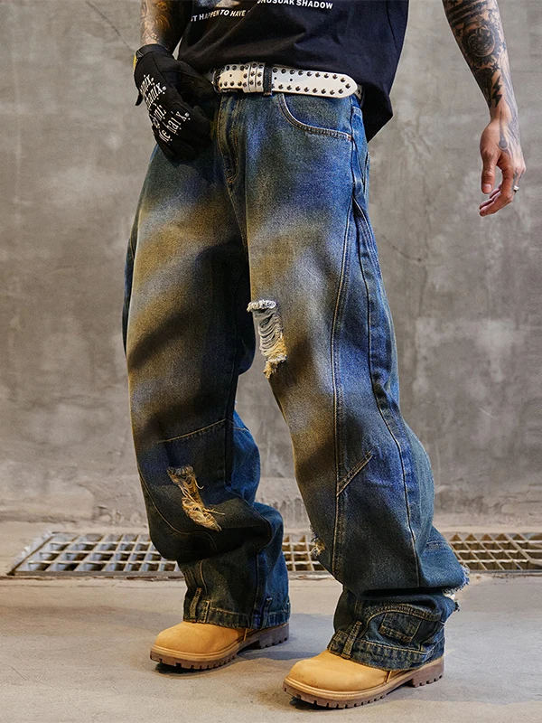 

Retro American Men's Straight Leg Graffiti Distressed Loose Workwear Jeans Trendy Wide Leg Denim Pants Casual Cotton Jeans