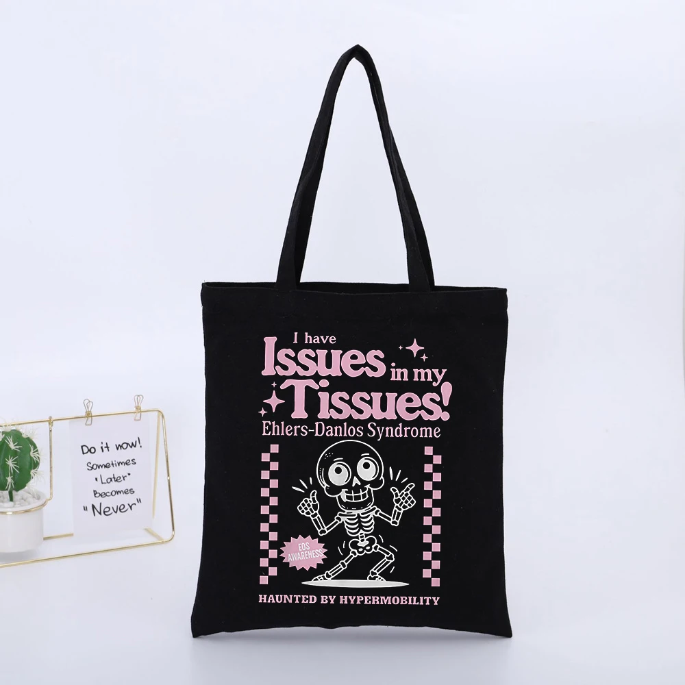 Men's Black Canvas Tote Bag with Skeleton and Typography Print, Casual Style for Daily Use