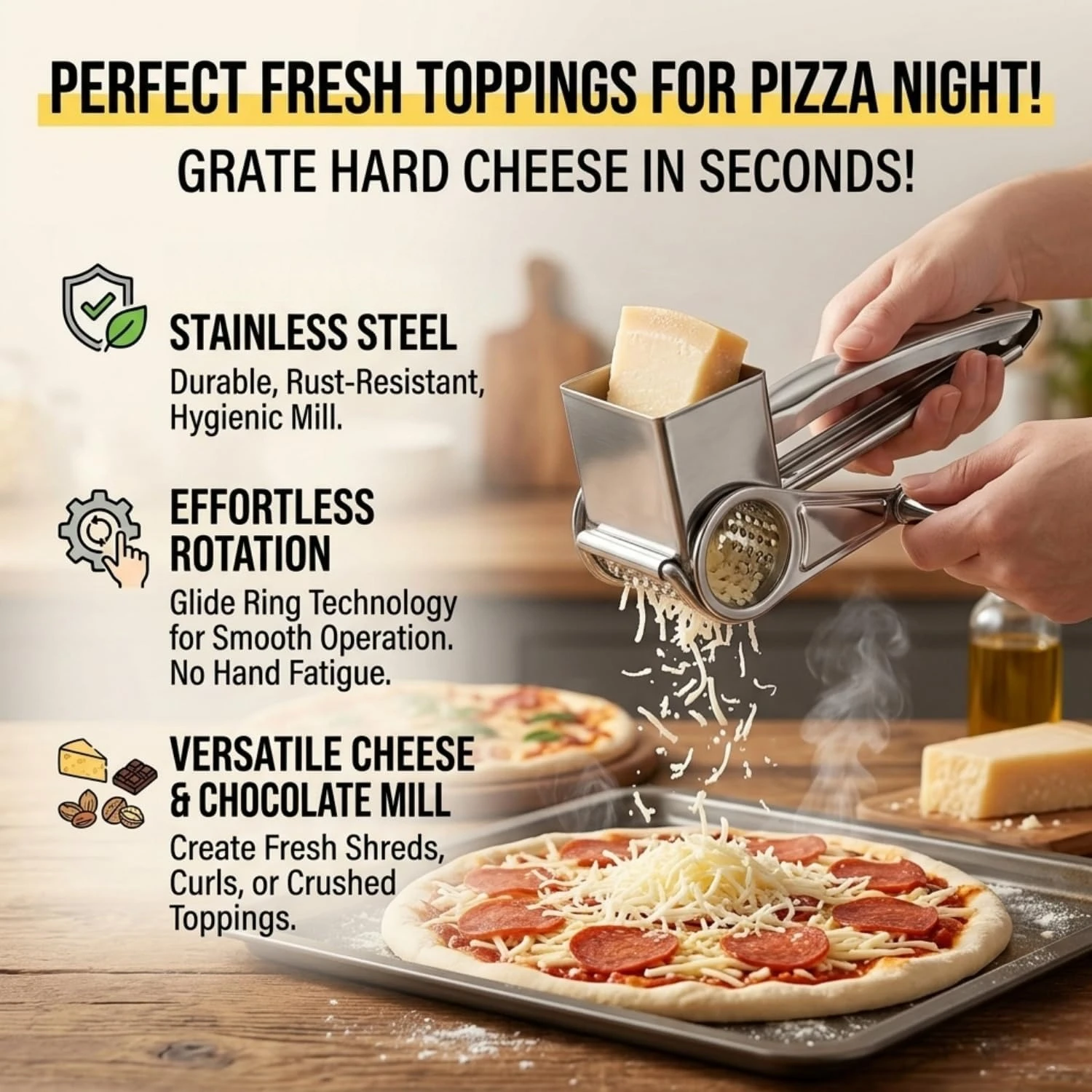 Rotary Cheese Grater with Handle, Stainless Steel Manual Ginger & Chocolate Shredder, Reversible Drum for Left/Right Hand