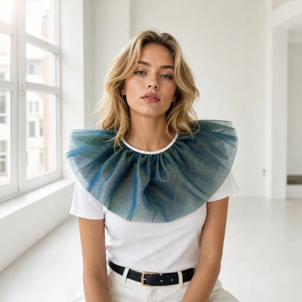 Fashionable Diamond Shiny Mesh Fake Collar Cloth Decoration Lace-Up Neck Ruff Collar Stage Performance Ruffled Fake Collar Party