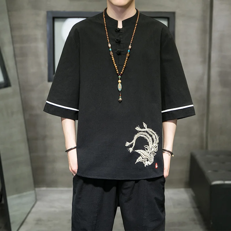 Summer Chinese Style Phoenix Embroidery Short Sleeve Plus Size Casual T Shirt Ethnic Style Oversized Buckle Top Men Clothing