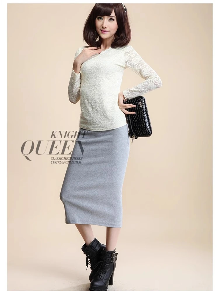 Winter-Damenrock, hohe Taille, Stretch-Bleistift, lang, geteilt, vorne geschlitzt, A-Linie, lässig, koreanischer Stil, eleganter schwarzer Bleistiftrock – Detail 4