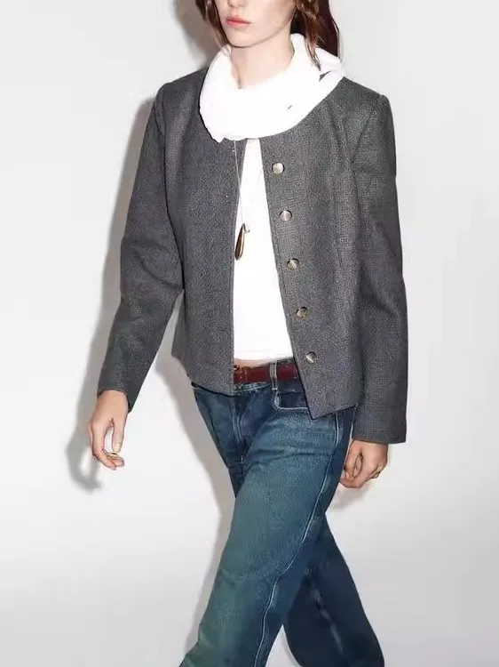

Spring 2026 Women's Slim Fit Metal Button round Ne Single Row Coat Small Fraance Sle Long Sve Woolen Outerwear