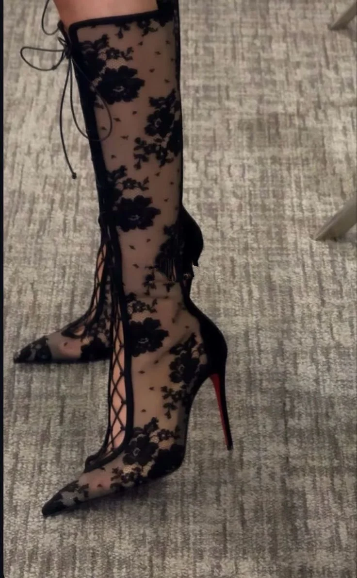Hot Chick Sexy Lace Black Embroidered Summer Ankle Boots Women's 2026 New In Luxury Designer Zipper Knee High Boots Party Shoes