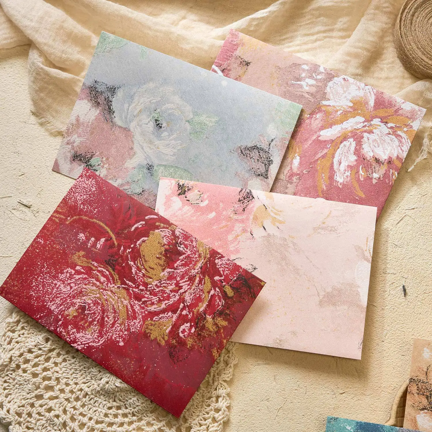 Blossom Letter Series Gilt Embossed Specialty Paper Envelopes, Vintage Chinese Wax Seal Envelopes for Postcards & Invitations