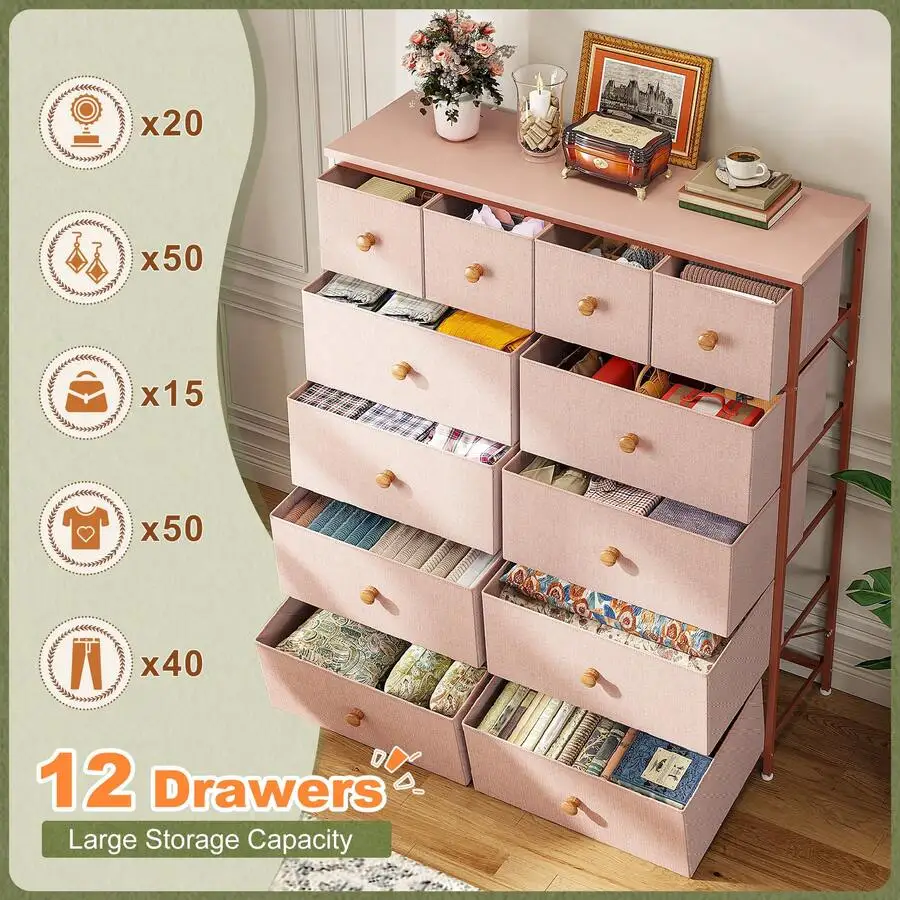 Dresser For Bedroom With 12 Fabric Drawers, Tall Dresser With Wooden Top & Metal Frame, Bedroom Dresser, Dressers & Chests Of Drawers, Room Decor, Home Deco, Festival Decor, Pink