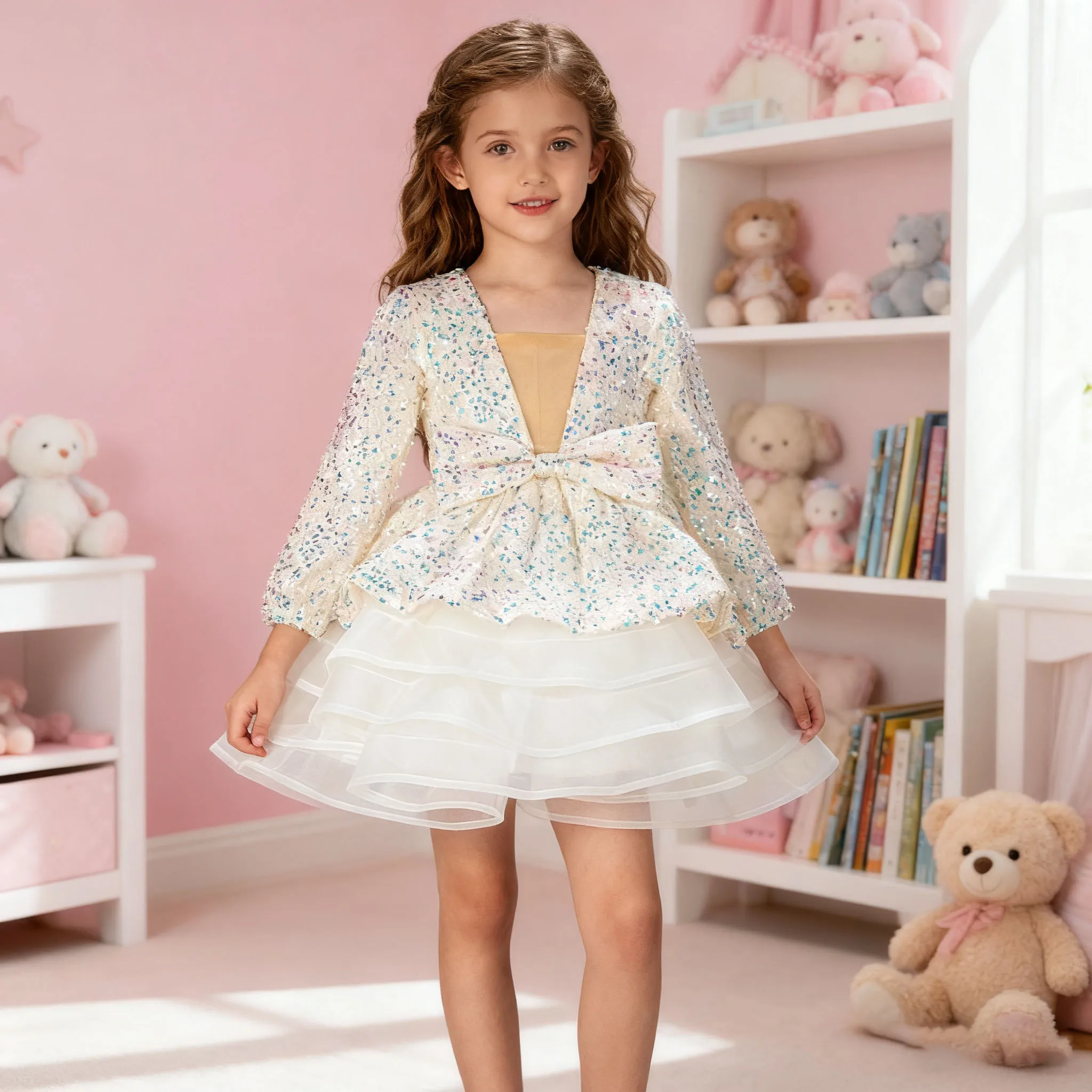 

Sequined Princess Girl Dress Long Sleeve v-Neck Kids Fluffy Gauze Skirt Wedding Birthday Party Christmas Children Luxury Clothes