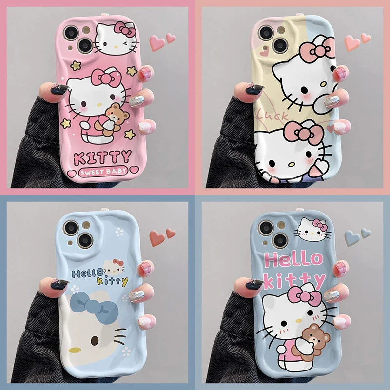 Ins Original Cute Hello Kitty 3D Wave Case For OPPO A3 A98 A94 A93 A92 A79 A78 A60 A58 A57 A55 A38 A17 A16 A15 2020 4G 5G Cover