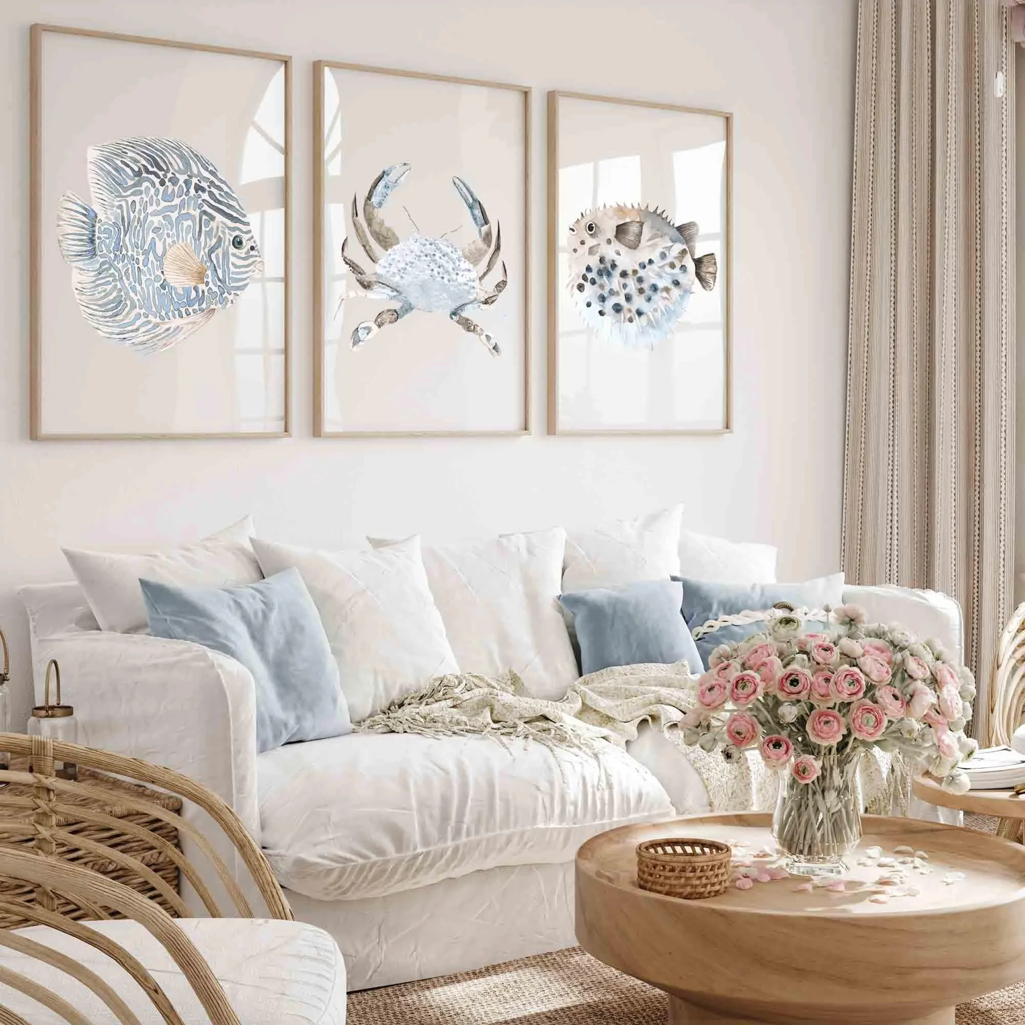 Coastal Wall Art Minimalist Fish Wall Decor Beige Blue Beach House Home Decor Contemporary Nautical Art Set of 3 Sea Life Prints