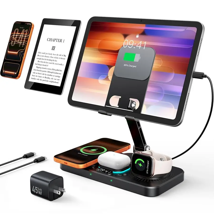 

Зарядная станция 6-в-1 для нескольких устройств Apple с часами и подсветкой, складная проводная зарядная подставка 20 Вт для iPad и планшетов