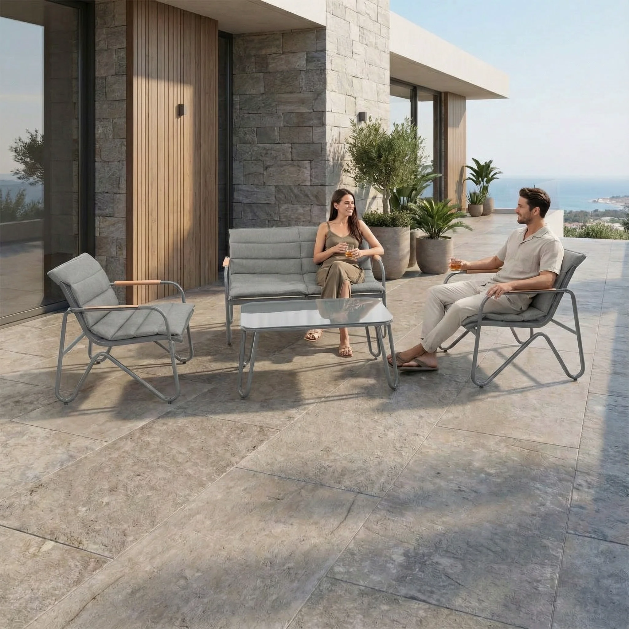 Modern outdoor patio furniture set steel frame mesh sofa set cushion glass coffee table weatherproof garden lounge chair