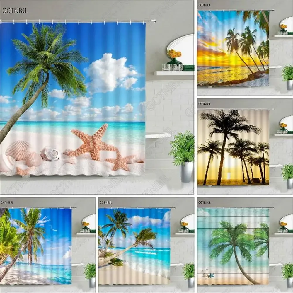 Tropical Beach Sand Starfish Palm Coconut Tree Blue Sky Scene Shower Curtains Summer Print Photography Backdrop Bathroom Decor