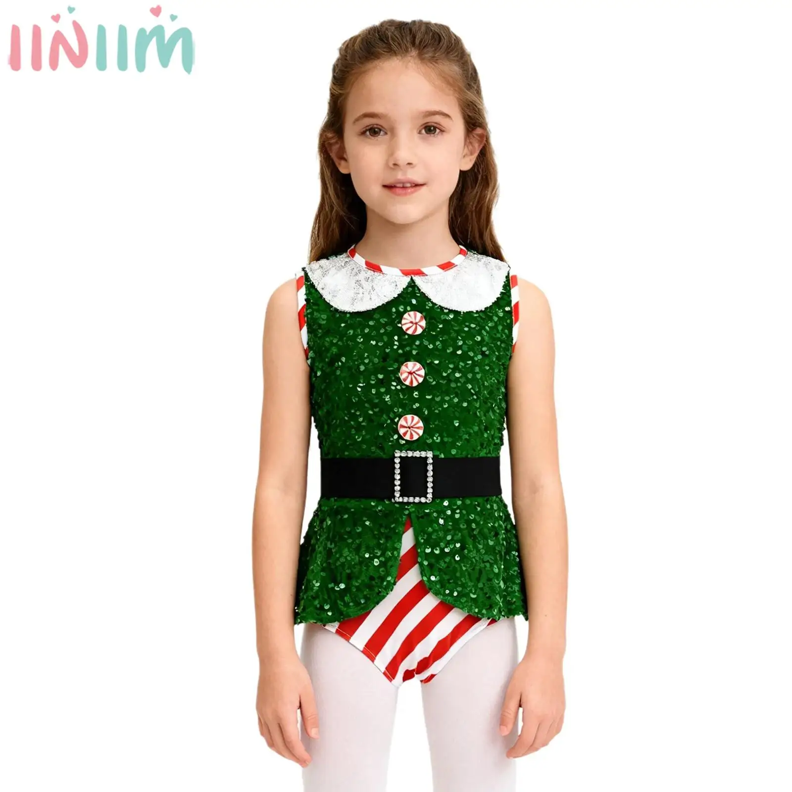 الأطفال الفتيات عيد الميلاد سانتا قزم تأثيري ارتداءها لامعة الترتر مخطط الحلوى زر الباليه الرقص الجمباز يوتار مع حزام
