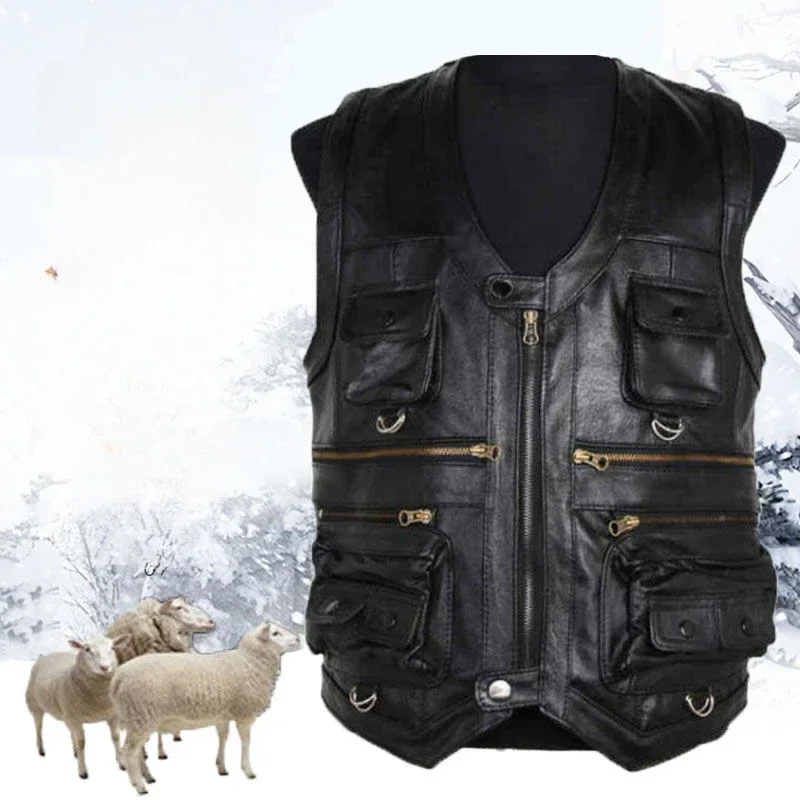 

Spring Autumn Men New Genuine Leather Vest Male Multiple Pockets Sleeveless Coats Men V-neck Real Sheepskin Waistcoat