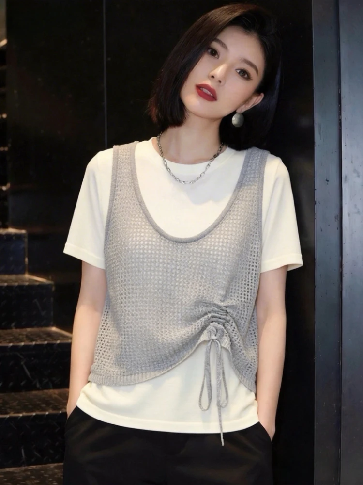 

Gray Knit Short-sleeve T-shirt for Women, 2026 Summer New Arrival, Color Block V-neck Drawstring Tee Top