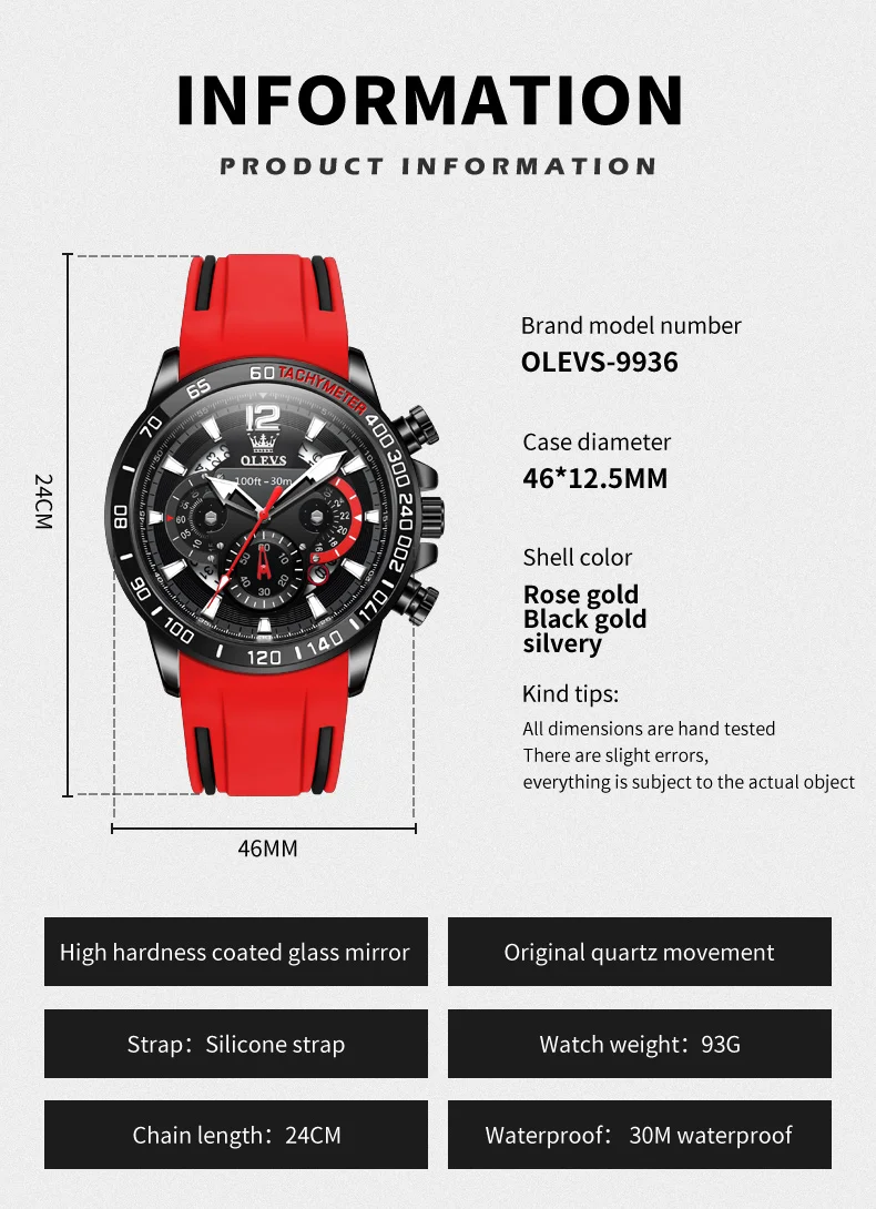 OLEVS 9936 Original Men\'s Quartz Watch Multifunction Waterproof Rubber Strap Luminous Quartz Watch for Men