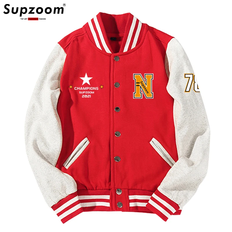 

Supzoom New Arrival Letter Rib Sleeve Cotton Top Fashion Logo Single Breasted Casual Bomber Baseball Jacket Loose Cardigan Coat
