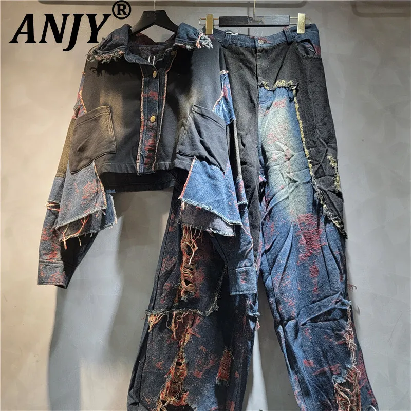 

ANJY, осенняя новая куртка Wonmen, джинсовая куртка контрастного цвета с отложным воротником, однобортные пальто, уличная одежда, рваные брюки A10169
