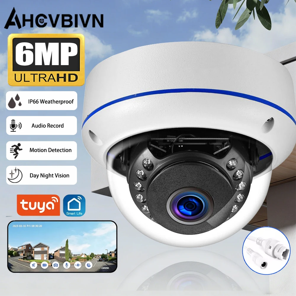

6 МП H.265+ Tuya Металлическая купольная POE IP-камера с записью звука, уличная, вандалостойкая IP66, для домашней безопасности, с функцией обнаружения человека