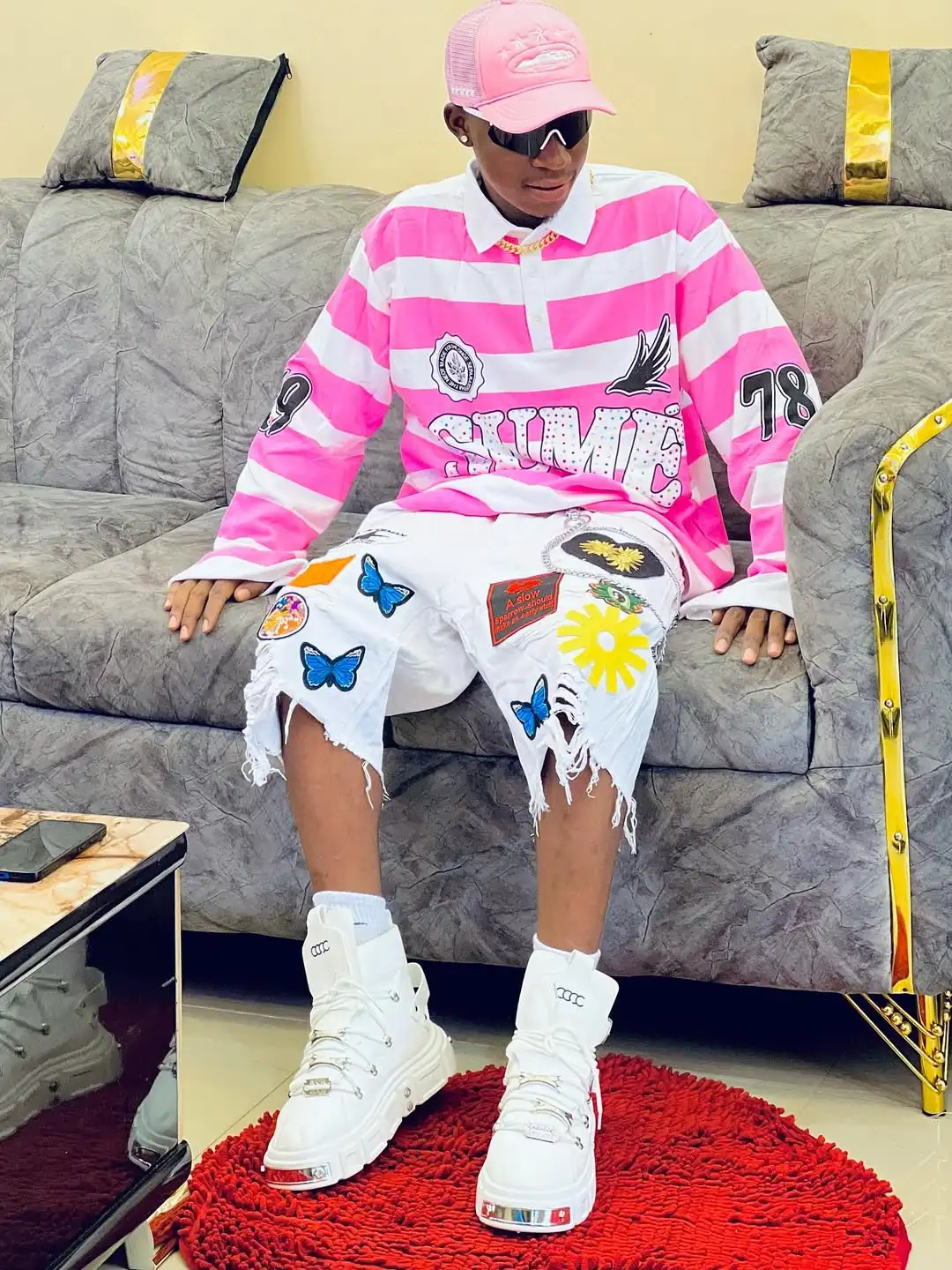 Men Polo Shirt Pink Striped Casual Long Sleeve Turn Collar Shirts with Cuff Number Design Colorful Sequins Decor Loose Fit Wear