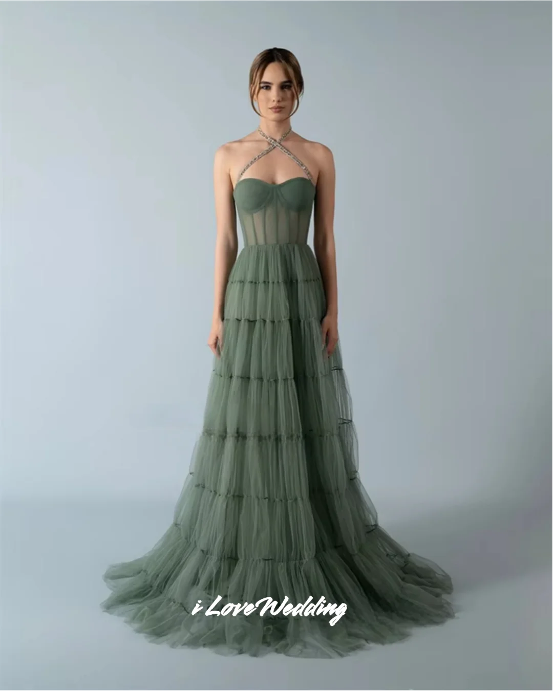 Sage Green Prom Dress 2026 Halter Neck Beaded Sleeveless Corset Tiered Tulle A-Line Floor-Length Formal Evening Gown Customized