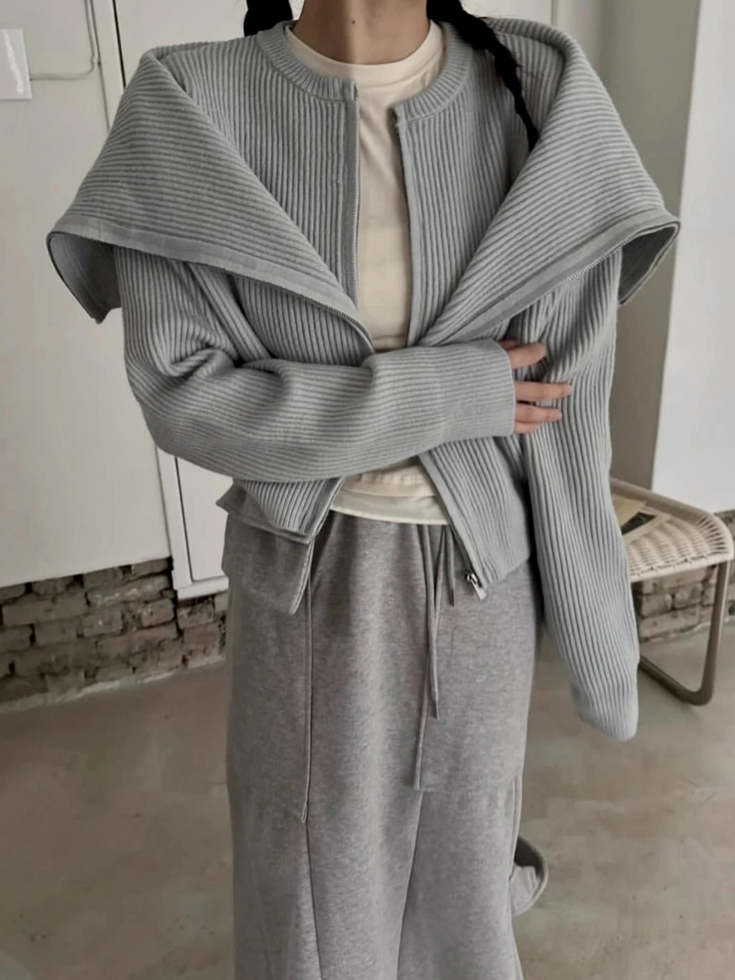 

Винтажный короткий свитер с круглым вырезом в стиле шали, искусственный дизайн из двух предметов, кардиган, женский тонкий вязаный топ Y2K с двойной молнией на осень-зиму