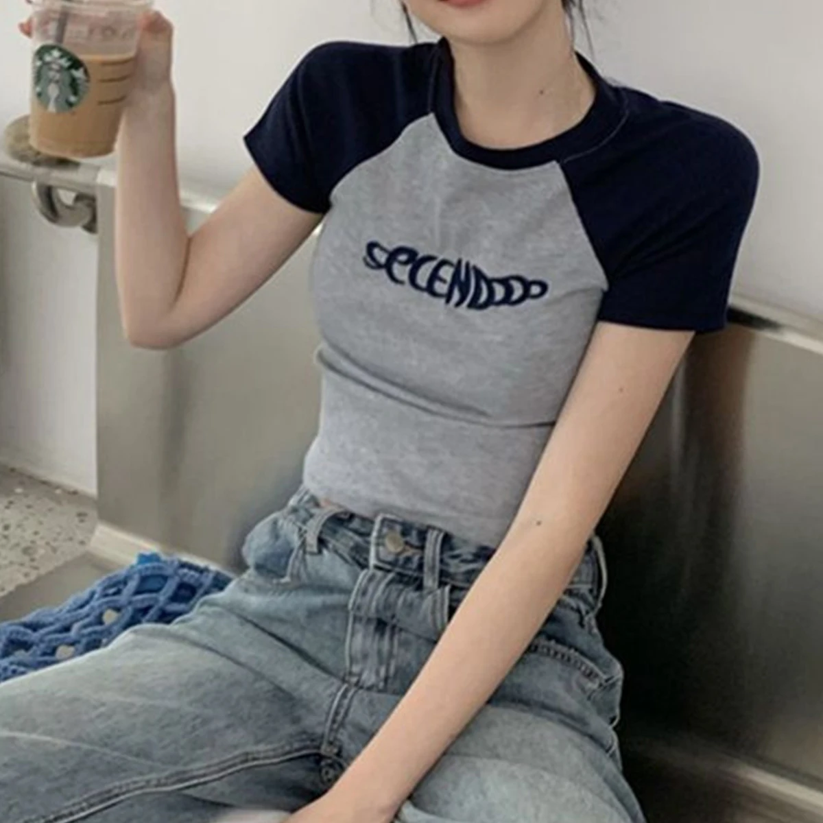 Casual Korean Fashion Short Sleeve Tshirts 2024 Y2K Women T Shirt Patchwork Letter Slim Fit Crop Tops Streetwear Bae Female Tees