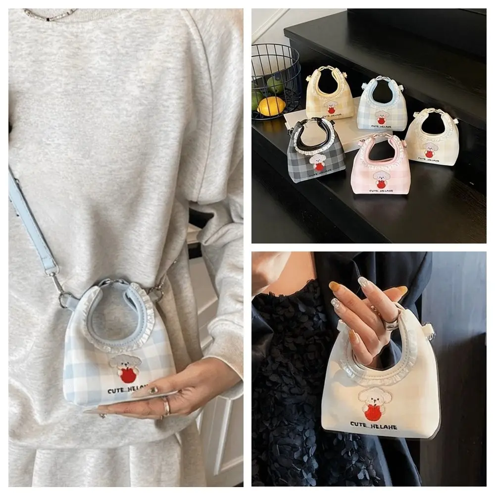 

Sweet Embroidery Dog Shoulder Bag Grid Solid Color PU Crossbody Bag Korean Style Cartoon Crescent Handbags Lady