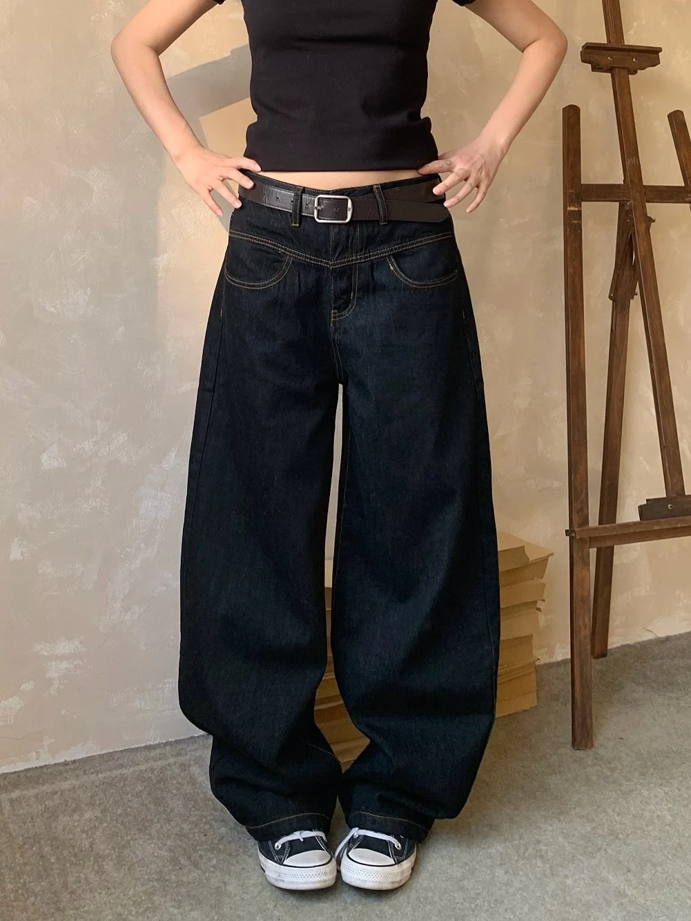 

American Retro Waed Denim Pants Women's Loose Wide Leg Floor-Length Casual Loose Jeans Cotton l Waist All Seasons