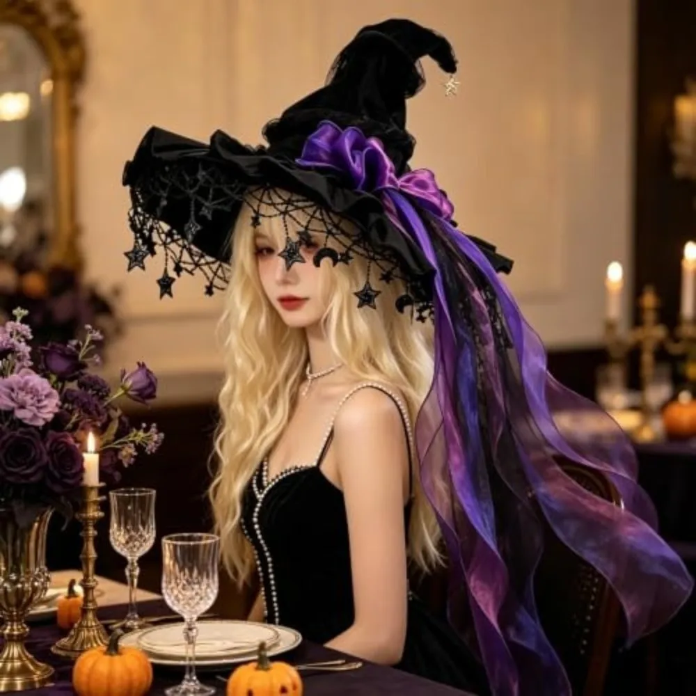 Dramatic Wide Brim Witch Hat Ruffle Brim Lace Trim Gothic Hat Gothic Dark Style Cosplay Costume Hat Cosplay Party