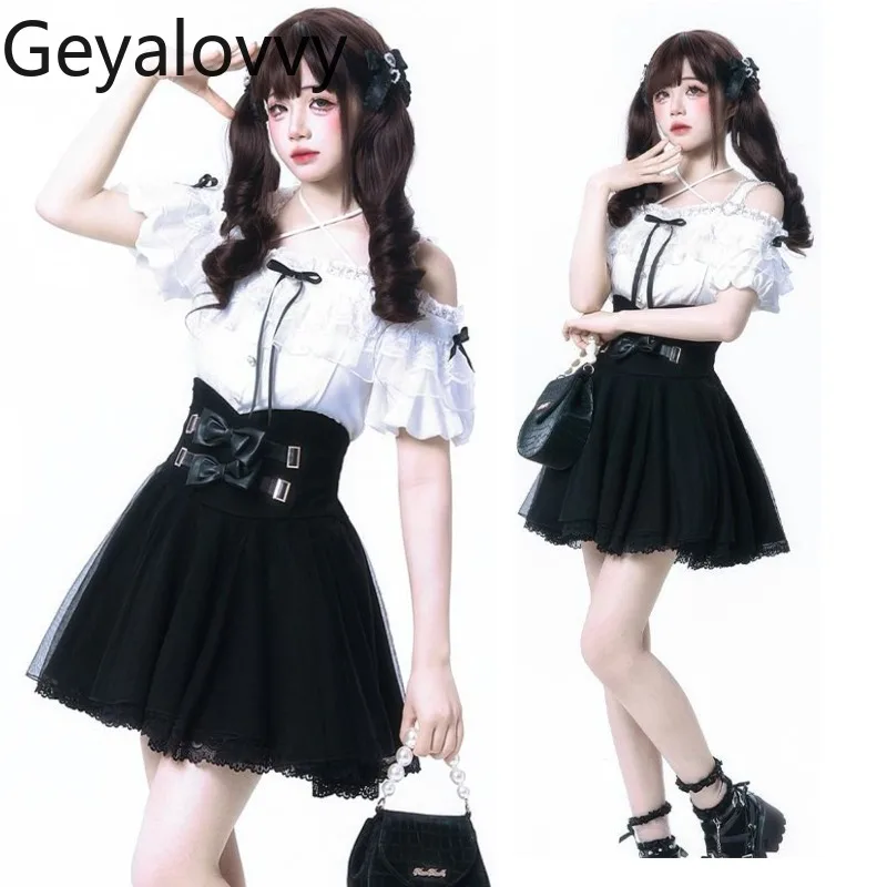 オフショルダーレースブラウス半袖シャツトップとハイウエストメッシュショートパフスカート制服一式