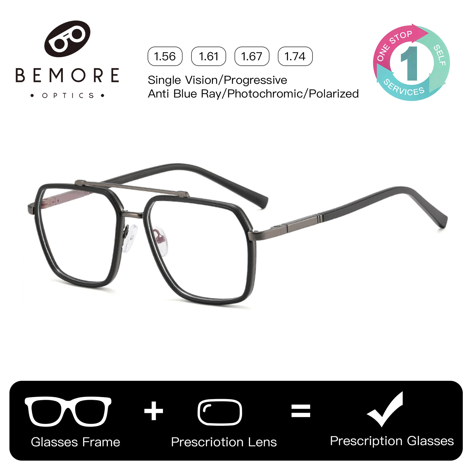 

BEMORE Custom Pilot Ultralight Metal Mens Prescription Eyeglasses Blue Light Filter Multifocal Photochromic Grey Optical Eyewear