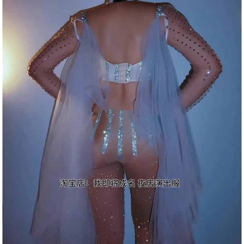 customized modern female singer Dj model rings pole belly dance silver sparkling diamond bra lingerie set Ds performance outfit