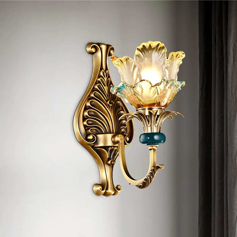 French Copper LED Wall Lamp with Colorful Glass Shade for Living Room Hallway Bedroom - Stained Glass Sconce Modern Lighting Fix