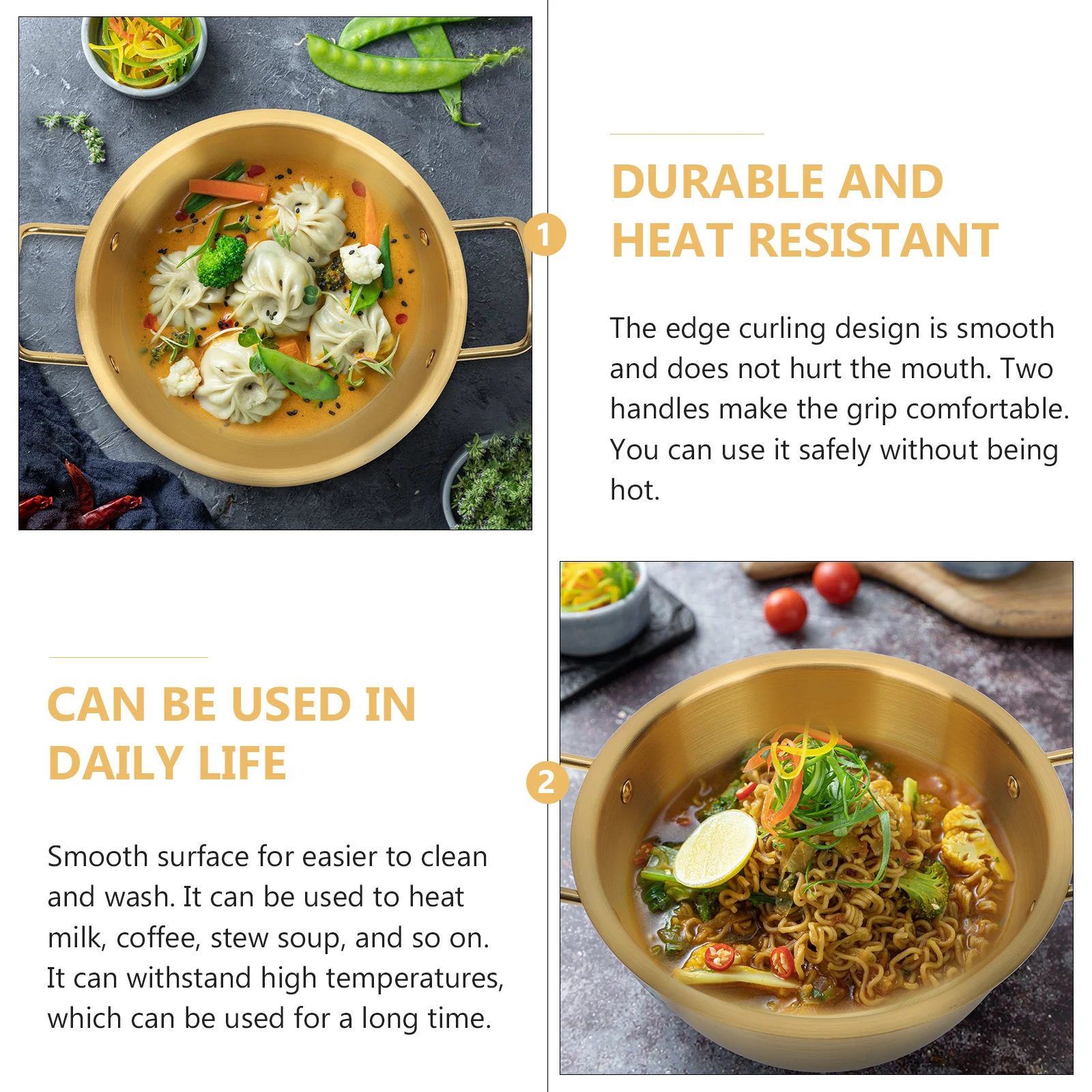 

Instant Noodle Pot 18cm Golden Stainless Steel Double Ear Ramen Soup Cooker Lid Induction Stove Kitchen Gadget