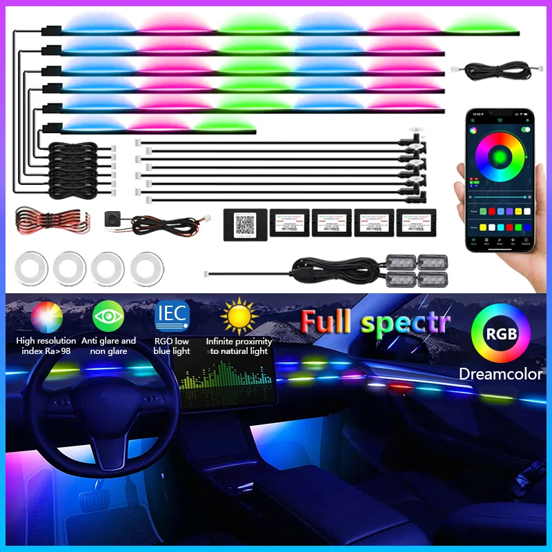 18/22 In1 Neon  Car LED Interior Ambient Lights RGB 64 Colors Acrylic Strip  Kit For BMW Benz Audi Tesla Honda Totoya BYD Ford