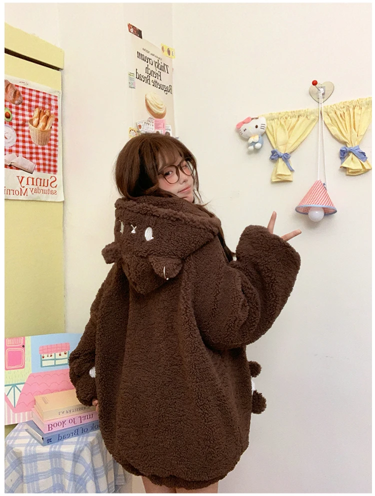 2025 Winter Women's Cute Bunny Ear White Lamb Wool Cotton Coat Loose Brown Zipper Horn Button Hooded Cotton Jacket